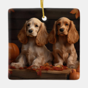 Ornement En Céramique Chiots Cocker Spaniel Automne Délice Citrouille