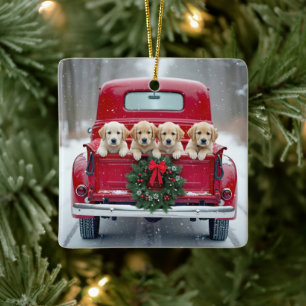 Ornement En Céramique Chiots Golden Retriever Dans Un Camion De Noël