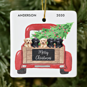 Ornement En Céramique Chiots Labrador Chien Camion de Noël Rouge Vintage