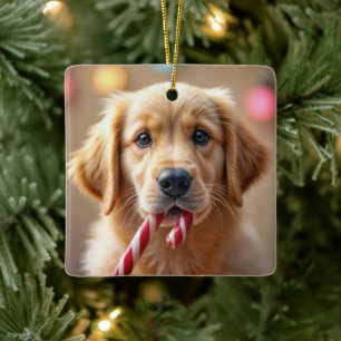 Ornement En Céramique Chiots Retriever Doré Avec un Bâton de Bonbon