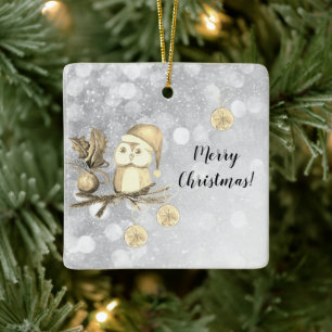 Ornement En Céramique Chouette de Noël mignonne avec branches et boules