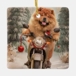 Ornement En Céramique Chow Chow Chien chevauchant la moto Noël