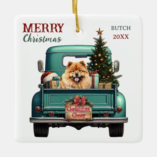 Ornement En Céramique Chow Chow Chien Retro Truck Noël (Devant)