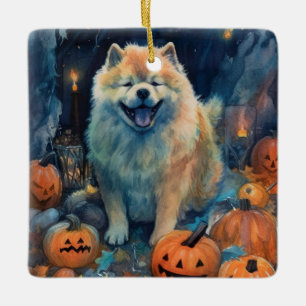 Ornement En Céramique Chow Chow Halloween avec citrouilles effrayant