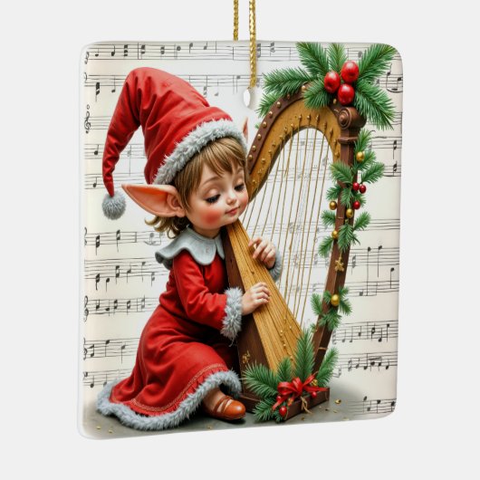 Ornement En Céramique Christmas Elf Playing a Harp (Droite)