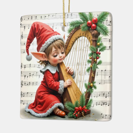 Ornement En Céramique Christmas Elf Playing a Harp (Gauche)