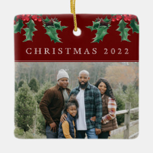 Ornement En Céramique Christmas Holly Berry Simple Photo personnalisée