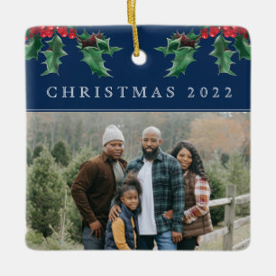Ornement En Céramique Christmas Holly Berry Simple Photo personnalisée B