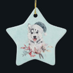 Ornement En Céramique Christmas Husky Dog in a Santa Hat<br><div class="desc">An ornament with a whimsical and cute watercolor painting of a husky dog wearing a blue Santa hat.</div>