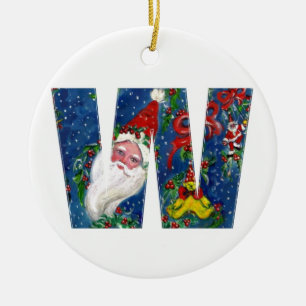 ORNEMENT EN CÉRAMIQUE CHRISTMAS W LETTER / SANTA CLAUS WITH RED RIBBON