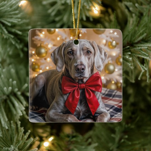 Ornement En Céramique Christmas Weimaraner Dog With Red Bow (Arbre)