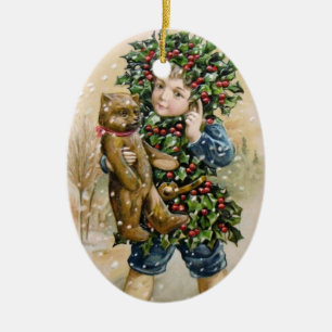 Ornement En Céramique Clapsaddle : Garçon de houx avec le nounours