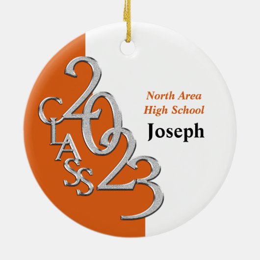 Ornement En Céramique Classe 2023 Orange and Silver Graduate Photo (Dos)