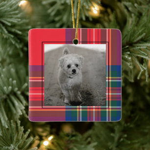 Ornement En Céramique Classique Rouge Tartan Plaid Photo de Noël Moderne