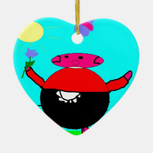 Ornement En Céramique cochon avec fleur & papillon au soleil, art par en