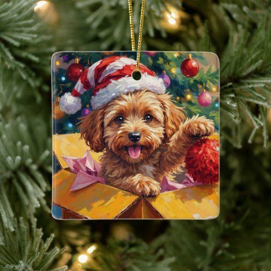 Ornement En Céramique Cockapoo Dog Christmas Gift Box Surprise (Arbre)