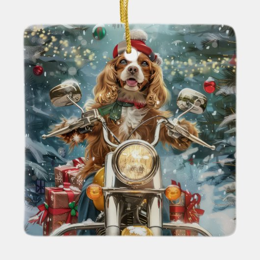 Ornement En Céramique Cocker Spaniel Chien équitation Moto Noël (Devant)