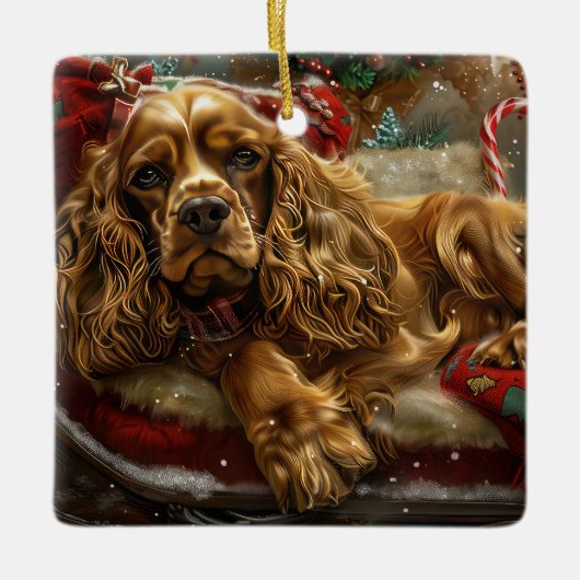 Ornement En Céramique Cocker Spaniel Chien Festif de Noël (Devant)