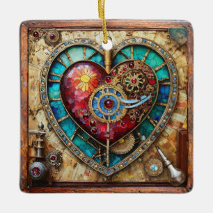 Ornement En Céramique Cœur de vitrail tournesol Série Steampunk