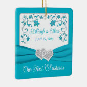 Ornement En Céramique Cœurs de mariage d'amour bleu argent 1er Noël (Droite)