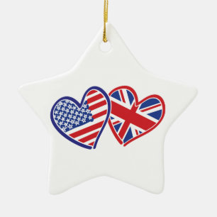 Ornement En Céramique Coeurs du drapeau américain et britannique