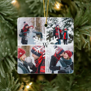 Ornement En Céramique Collage de photos d'hiver Monogramme Souvenir Noël
