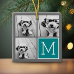 Ornement En Céramique Collage de photos gris et Turquoise Monogramme<br><div class="desc">Utilisez 3 photos carrés pour créer un cadeau unique et personnel.</div>