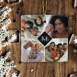 Ornement En Céramique Collage personnalisé de quatre photos | Monogramme<br><div class="desc">Offrez le cadeau de photos de famille avec ce monogramme personnalisé ornement de Noël. Ajoutez facilement vos propres photos à cet ornement et ajoutez votre monogramme de famille en bleu pour un affichage élégant pour Noël. Idéal pour grands-parents,  frères et soeurs ou amis.</div>