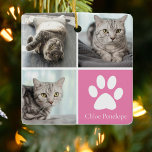 Ornement En Céramique Collage photo de chat personnalisé Joli rose doubl<br><div class="desc">Cette belle photo de chat ornement de Noël est personnalisée avec d'adorables photos de votre chatte adorable fille. Customisez ce cadeau chic avec vos propres photos de félin personnalisées autour d'un joli carré rose avec un empreinte de patte blanc mignon et le nom de votre chaton au centre. Ajoutez votre...</div>