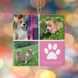 Ornement En Céramique Collage photo de chien personnalisé Joli rose doub<br><div class="desc">Ce magnifique ornement de Noël avec un chiot est personnalisé avec d'adorables photos de votre chien de fille douce. Customisez ce cadeau chic avec vos propres photos de petits personnalisées autour d'un joli carré rose avec un empreinte de patte blanc mignon et le nom de votre chien au centre. Ajoutez...</div>