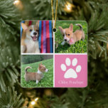 Ornement En Céramique Collage photo de chien personnalisé Joli rose doub<br><div class="desc">Ce magnifique ornement de Noël avec un chiot est personnalisé avec d'adorables photos de votre chien de fille douce. Customisez ce cadeau chic avec vos propres photos de petits personnalisées autour d'un joli carré rose avec un empreinte de patte blanc mignon et le nom de votre chien au centre. Ajoutez...</div>