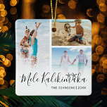 Ornement En Céramique Collage photo de Mele Kalikimaka<br><div class="desc">Élégant ornement de noël hawaïen avec un collage photo de 3 de votre merveilleuse famille,  le dicton "mele kalikimaka",  deux dessins d'étoiles de mer,  votre nom de famille,  et l'année.</div>