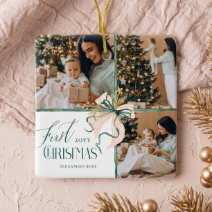 Ornement En Céramique Collage photo du premier Noël de bébé avec statist
