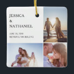 Ornement En Céramique Collage photo mariage | Noël blanc<br><div class="desc">Cette décoration de gardiennage fait une faveur spéciale pour vos invités mariages. Design comporte trois photos sur un arrière - plan blanc à l'avant et une photo de fond plein à l'arrière. Utilisez le modèle pour ajouter vos noms, date et lieu du mariage. Cet ornement de Noël fait aussi un...</div>