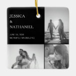Ornement En Céramique Collage photo mariage | Noël noir<br><div class="desc">Cette décoration de gardiennage fait une faveur spéciale pour vos invités mariages. Design comporte trois photos sur un arrière - plan noir sur le devant et une photo à fond plein sur le dos. Utilisez le modèle pour ajouter vos noms, date et lieu du mariage. Cet ornement de Noël fait...</div>