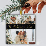 Ornement En Céramique Collage photo minimaliste 3 famille Noël<br><div class="desc">Moderne Simple Élégante Calligraphie Black Gold 3 Family Photo Collage Joyeux Script de Noël Ornement céramique. Cet Ornement festif, minimaliste, fantasque trois vacances photo avec une jolie grille photo collage et nom de famille et année. Le nom de famille est écrit dans un script de police tourbillonnant écrit à la...</div>