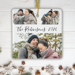 Ornement En Céramique Collage photo minimaliste de 3 couples Noël<br><div class="desc">Moderne Simple Élégante Calligraphie Noir Blanc 3 Couple Photo Collage Joyeux Script de Noël Ornement céramique. Cet Ornement festif, minimaliste, fantasque de trois vacances photo avec une jolie grille photo collage et le nom de famille et l'année! Le nom de famille est écrit dans un script de police tourbillonnant écrit...</div>
