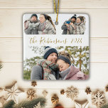 Ornement En Céramique Collage photo minimaliste de 3 couples Noël<br><div class="desc">Moderne Simple Élégante Calligraphie Or Blanc 3 Couple Photo Collage Joyeux Script de Noël Ornement céramique. Cet Ornement festif, minimaliste, fantasque de trois vacances photo avec une jolie grille photo collage et le nom de famille et l'année! Le nom de famille est écrit dans un script de police tourbillonnant écrit...</div>