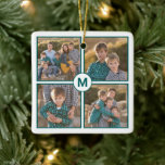 Ornement En Céramique Collage photo personnalisé 4 avec monogramme Turqu<br><div class="desc">Créez votre propre collage photo avec 4 images dans une grille carré avec des bordures bleu-vert minces sur un arrière - plan blanc. Un cercle blanc avec une bordure turquoise chevauche les coins des photos au centre et présente votre monogramme dans une police turquoise en gras. Ajoutez vos photos et...</div>