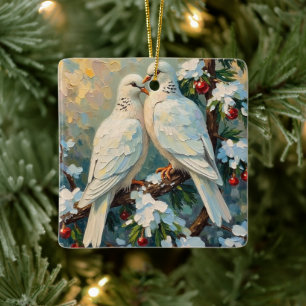 Ornement En Céramique Colombes de Noël vintage sur une branche d'érable