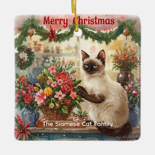 Ornement En Céramique Conception fleur de Noël de chat par fleuriste Pap (Devant)