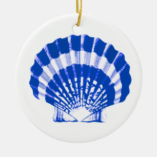 Ornement En Céramique Coquille marine - bleu cobalt et blanc