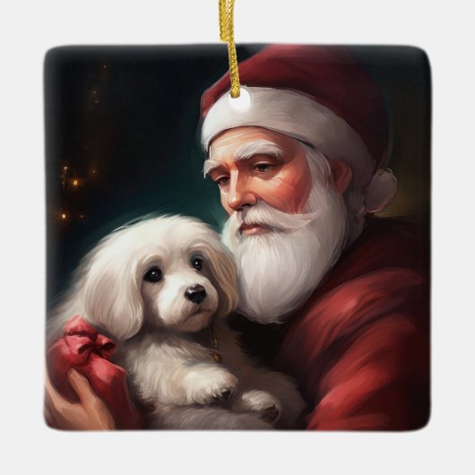 Ornement En Céramique Coton De Tulear Avec Noël Du Père Noël (Devant)