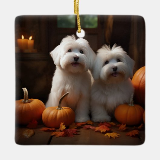 Ornement En Céramique Coton De Tulear Chiot Automne Citrouille délice (Devant)