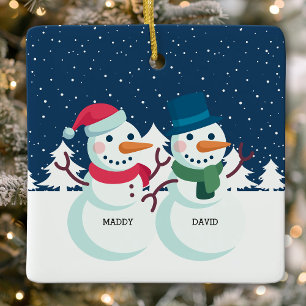Ornement En Céramique Couple Bonhomme de Neige Noël Personnalisé Mignon