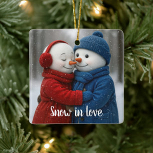 Ornement En Céramique Couple de bonhomme de neige de Noël dans des floco