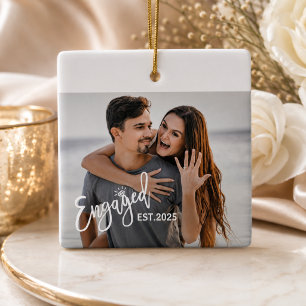 Ornement En Céramique Couple de fiançailles Photo de mariage Script Cœur