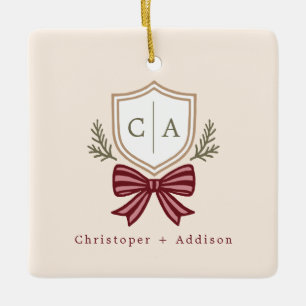 Ornement En Céramique Couple sur mesure Monogram Crest Bow Noël