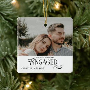 Ornement En Céramique Couples Fiancés Photo Noël Élégant de Première An