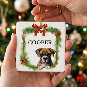 Ornement En Céramique Couronne de chien Boxer de Noël Nom personnalisé A